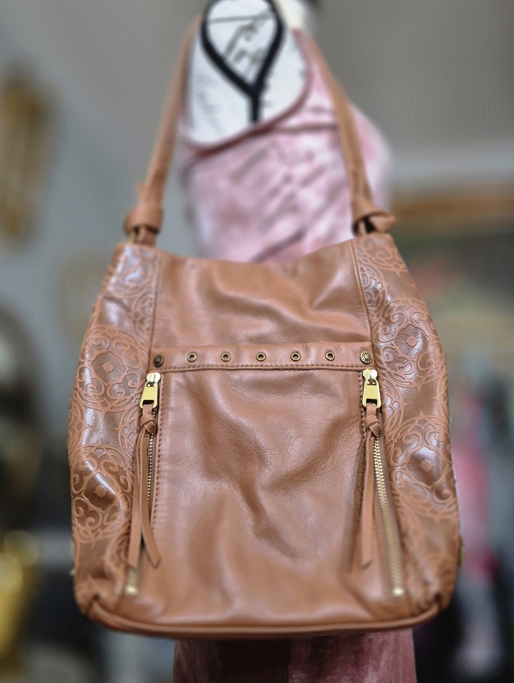 The Sak Orange/Tan 100% Leather Boho Shoulder Bag with Patterned Accents